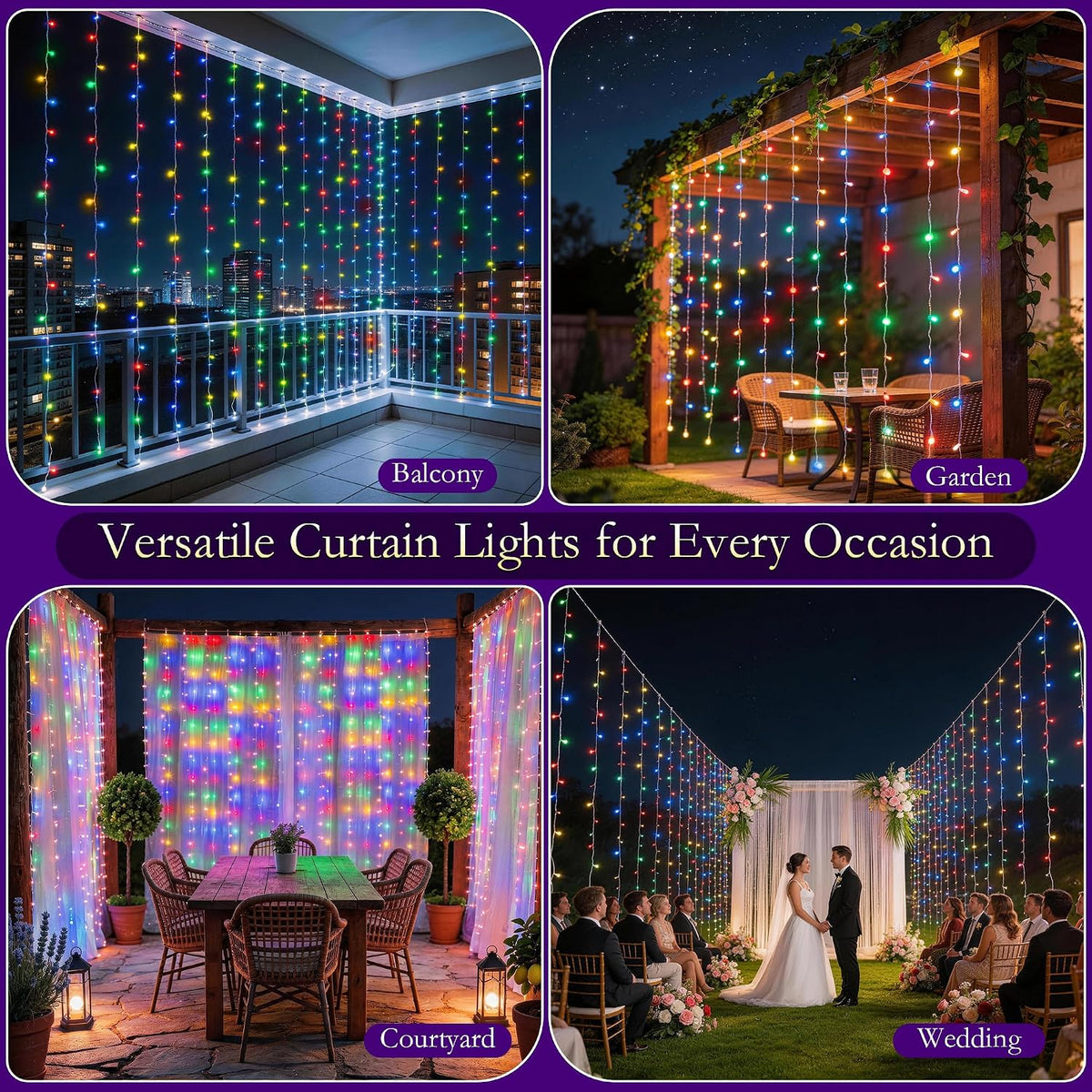 Curtain String Lights 300LED 9.8x9.8FT, Multicolor, IP44, 9.8FT Lead