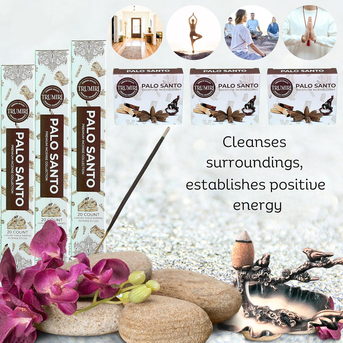 Palo Santo Incense Sticks & Backflow Incense Cones for Waterfall Combo Pack - 60 Insence-Sticks + 30 Backflow Cones - Insents - Incense Waterfall Cones - Inscense