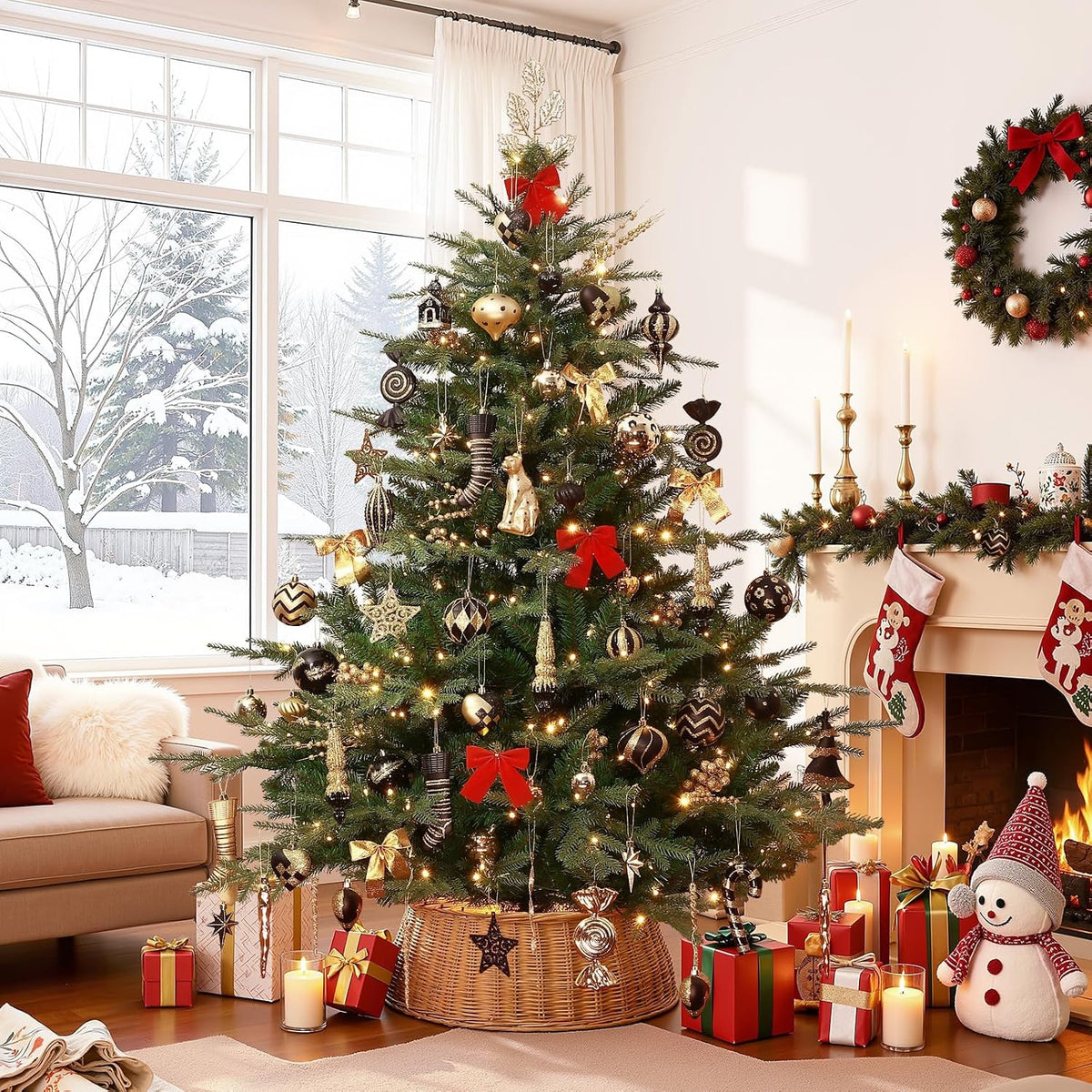 SHareconn 145pcs Christmas Balls Ornaments Set, Shatterproof Plastic Baubles Snowflakes, Xmas Tree Holiday Wedding Party Decorations with Hanging Strings, Gold and Black