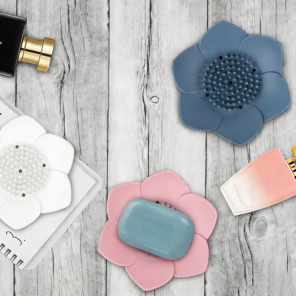 3 Pack Soap Dish, Bar Soap Holder, Bathroom Soap Tray with Drain, Lotus Silicone Soap Holder for Bathroom Shower (Blue, Pink, White)