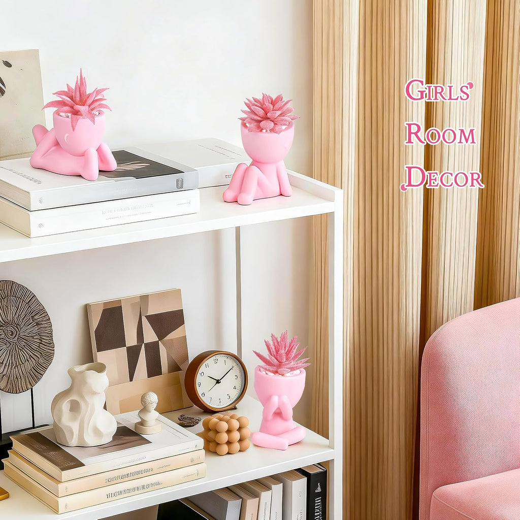 Der Rose 3 Pack Fake Succulents in Pink Human Pots for Desk Decor