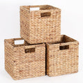 11x11x11in Water Hyacinth Storage Baskets, 11 Inch Cube Storage Bins, Woven Baskets for Storage, Wicker Storage Basket for Shelves Set of 3