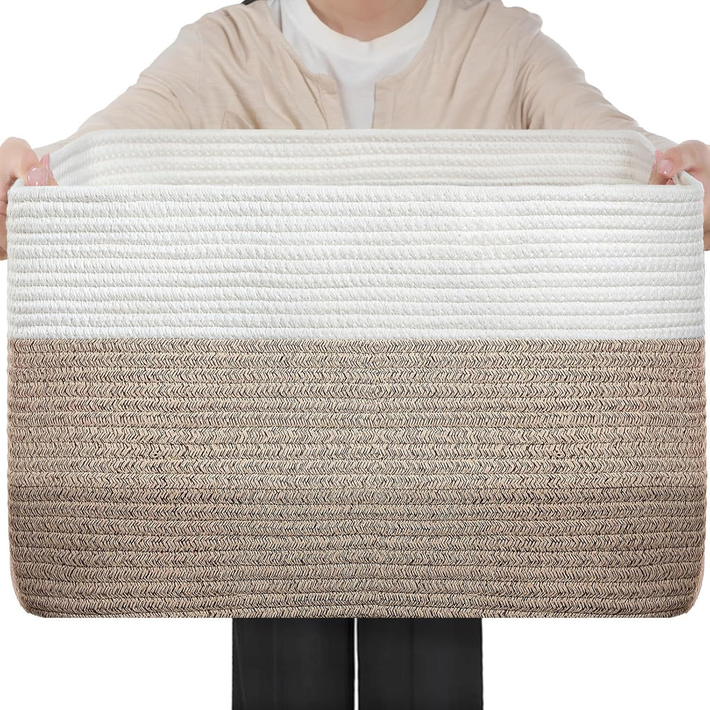 Optish 95L Large Woven Blanket Basket, Cotton Rope Laundry Basket, Brown