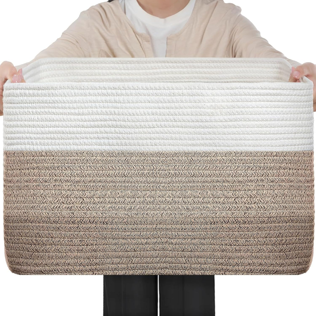 Optish 95L Large Woven Blanket Basket, Cotton Rope Laundry Basket, Brown