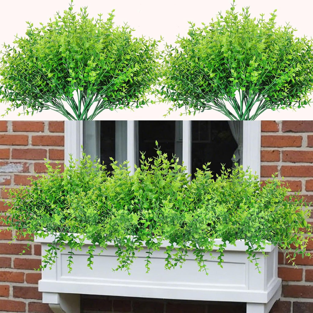 Grever 10 Bundles Artificial Greenery Boxwood Fake Plants UV Resistant Plastic Stems Faux Eucalyptus Foliage for Indoor Outdoor Decor Home Kitchen Office Table Window Garden Porch Farmhouse