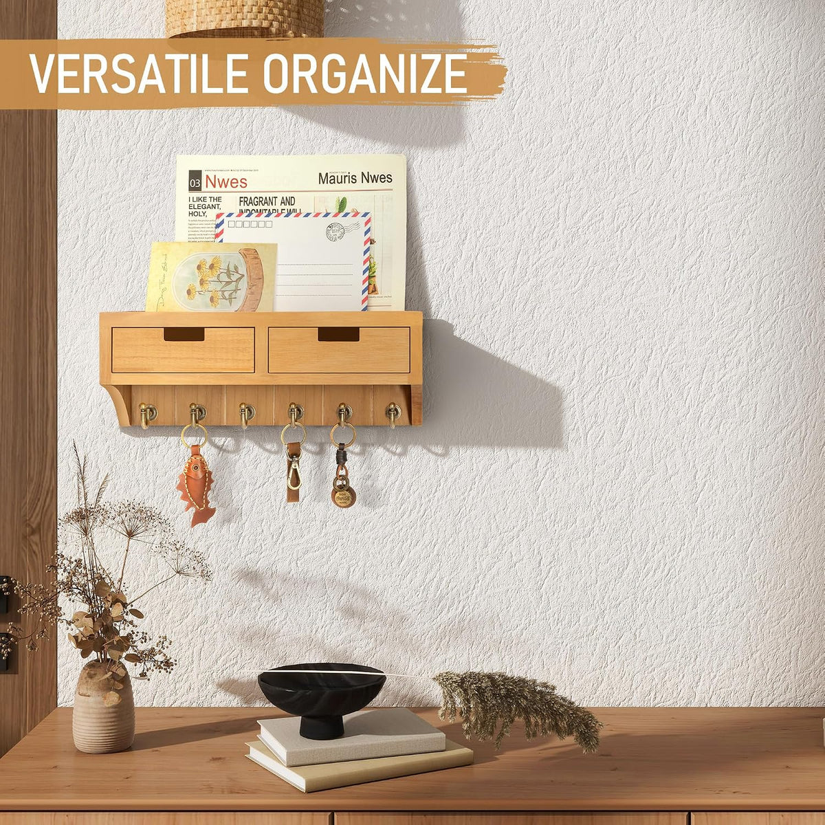 Rebee Vision Key Holder Wall Mount with Drawers for Room Decor, Light Brown