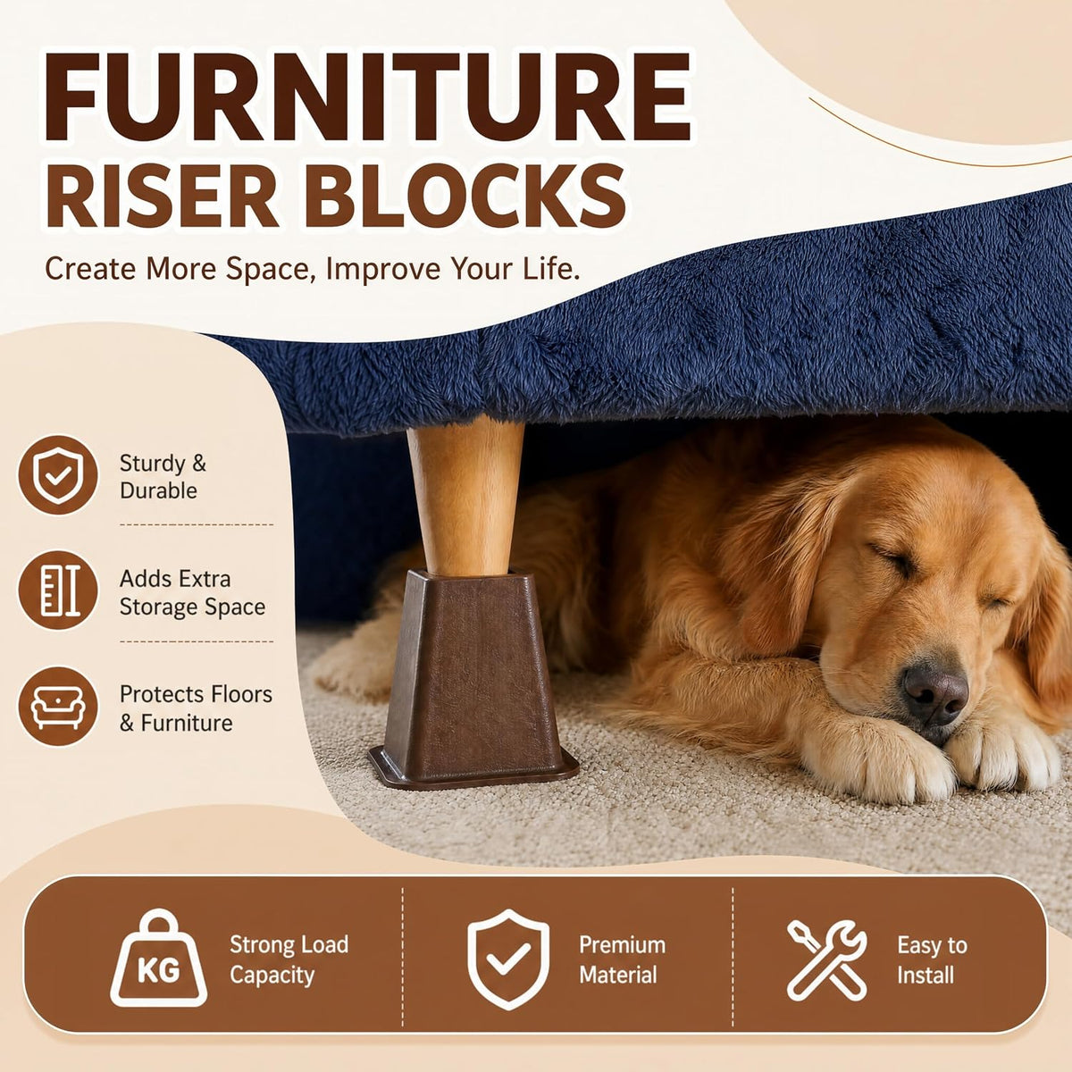 6 inch Large Bed Furniture Risers, 6 Pack Heavy Duty Couch Lifter for Sofa, Chair, Cabinet, Desk, Durable ABS Plastic Bed Stilts, Supports up to 2200 lbs, Brown