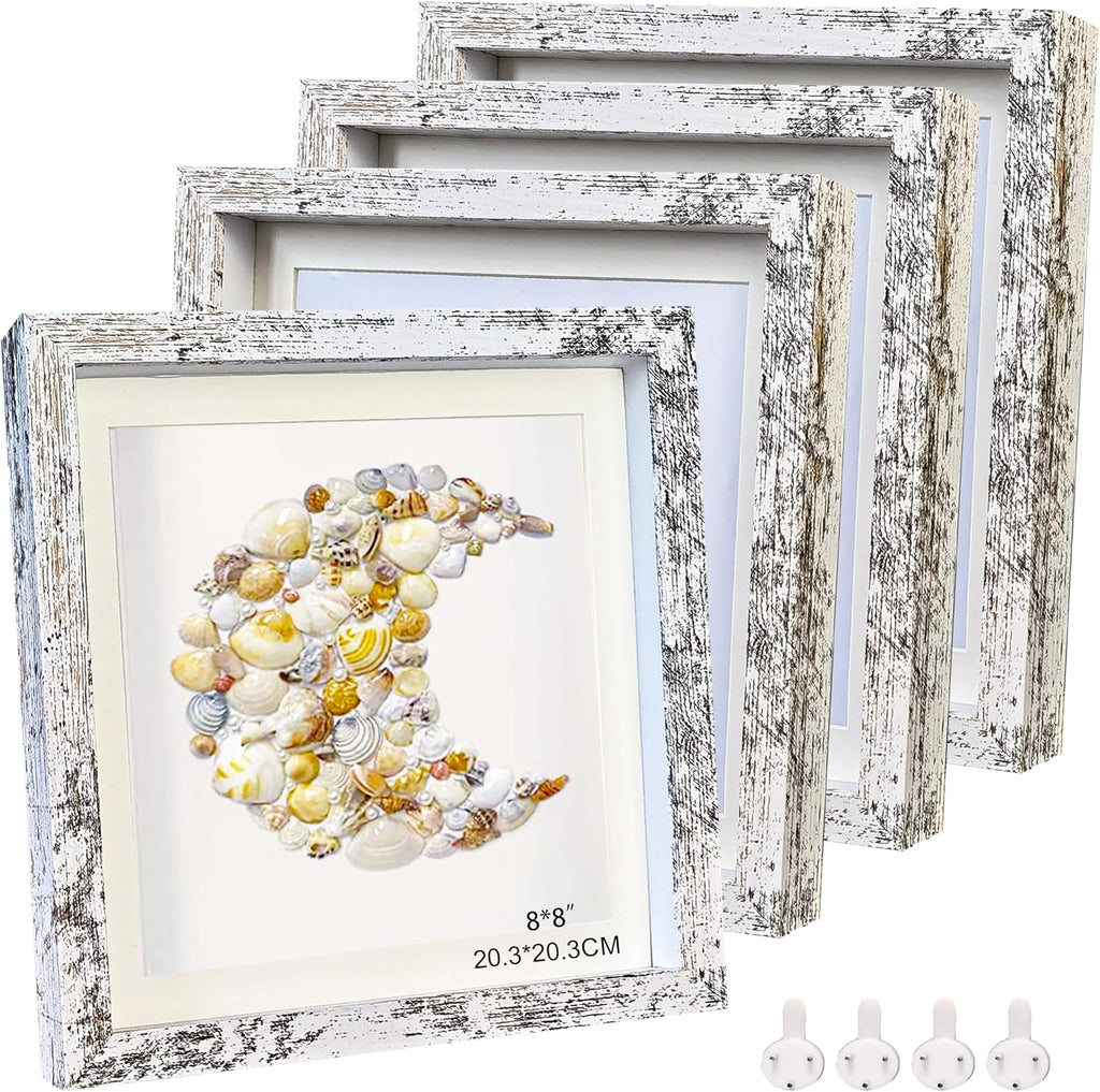 White 8x8 Shadow Box Frame Solid Wood Shadow Box Memory Display Case Glass Surface Internal Depth 0.6 inch for Wall or Tabletop（4 Pack）