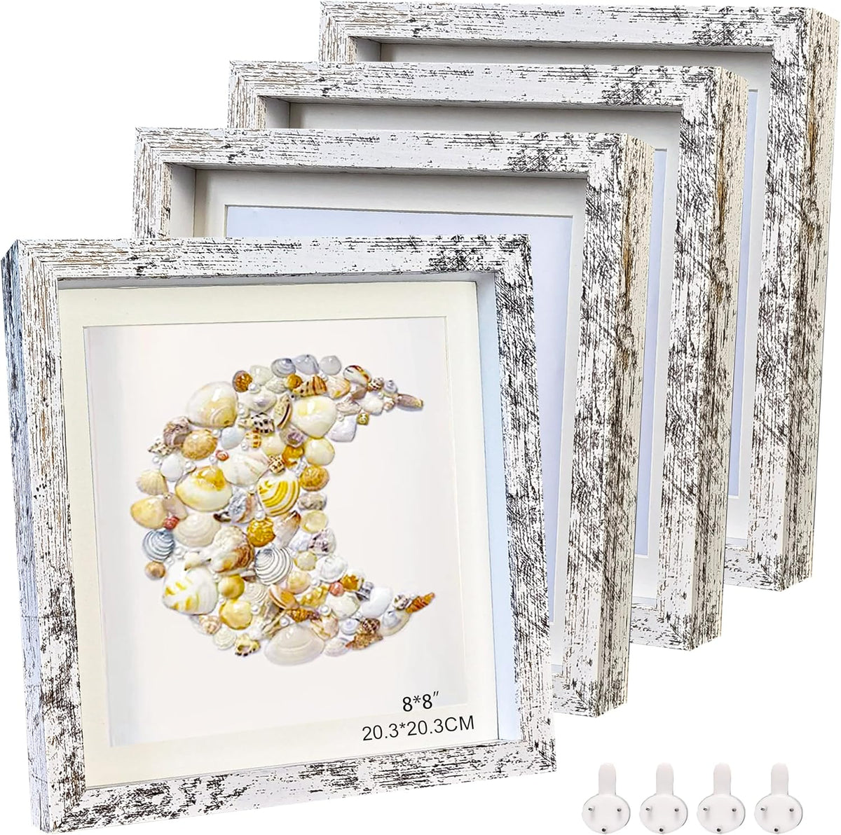 White 8x8 Shadow Box Frame Solid Wood Shadow Box Memory Display Case Glass Surface Internal Depth 0.6 inch for Wall or Tabletop（4 Pack）