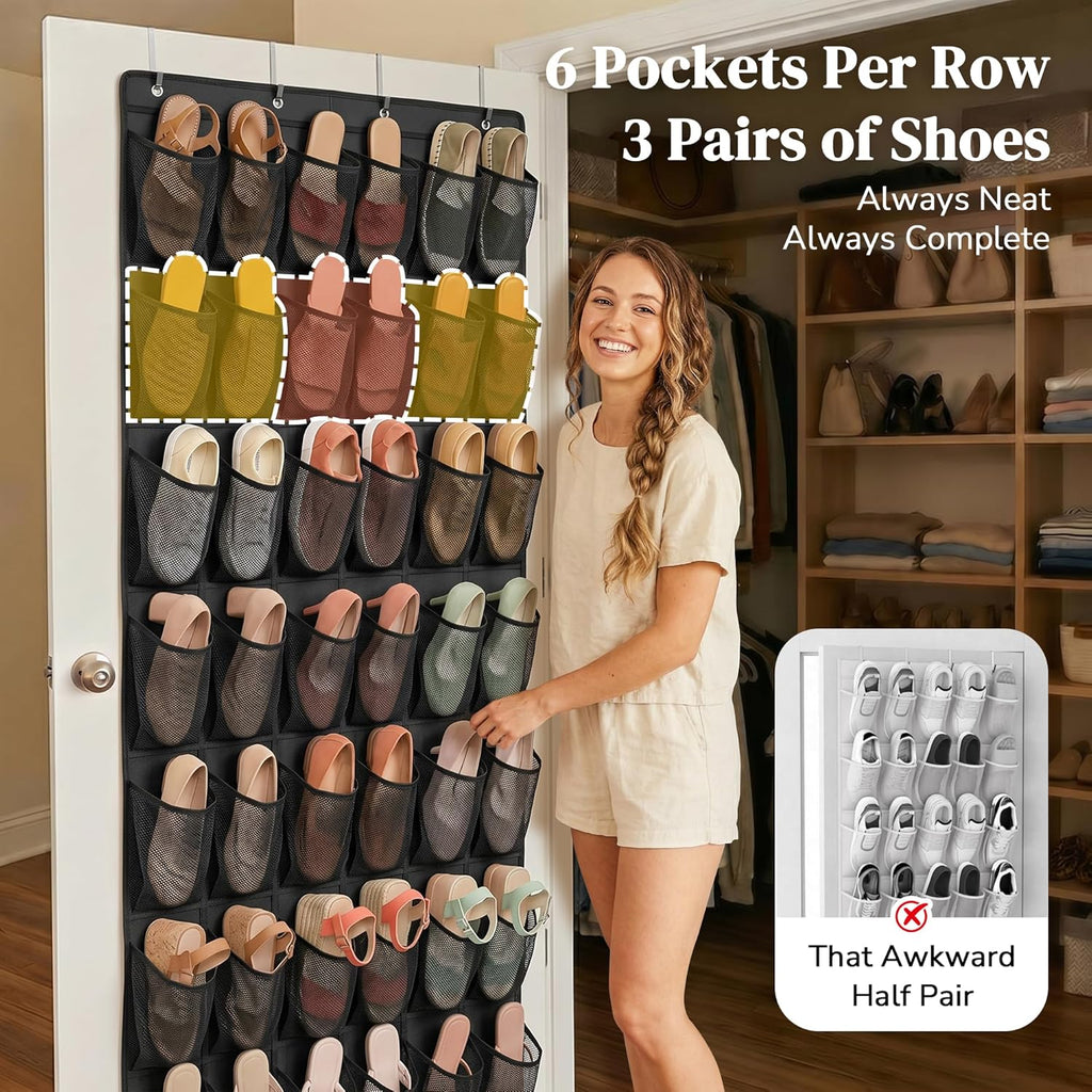 48 Pockets Over the Door Shoe Organizer, Fits Women's Shoes Up to US Size 9, 6-Column Heavy Duty Shoe Storage for Sneakers & Heels, Mesh Hanging Rack for Entryway, Bedroom & Dorm, Black