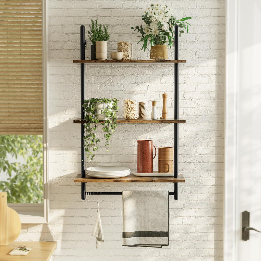 Bestier 24 Inch 3 Tier Industrial Pipe Shelves with Towel Bar, Rustic Brown