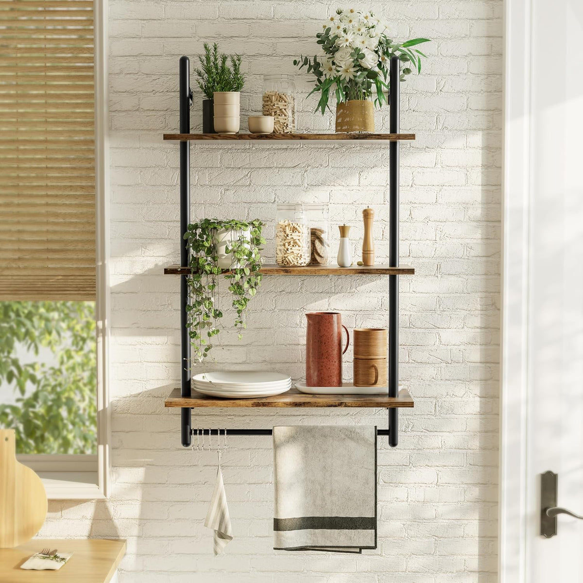 Bestier 24 Inch 3 Tier Industrial Pipe Shelves with Towel Bar, Rustic Brown