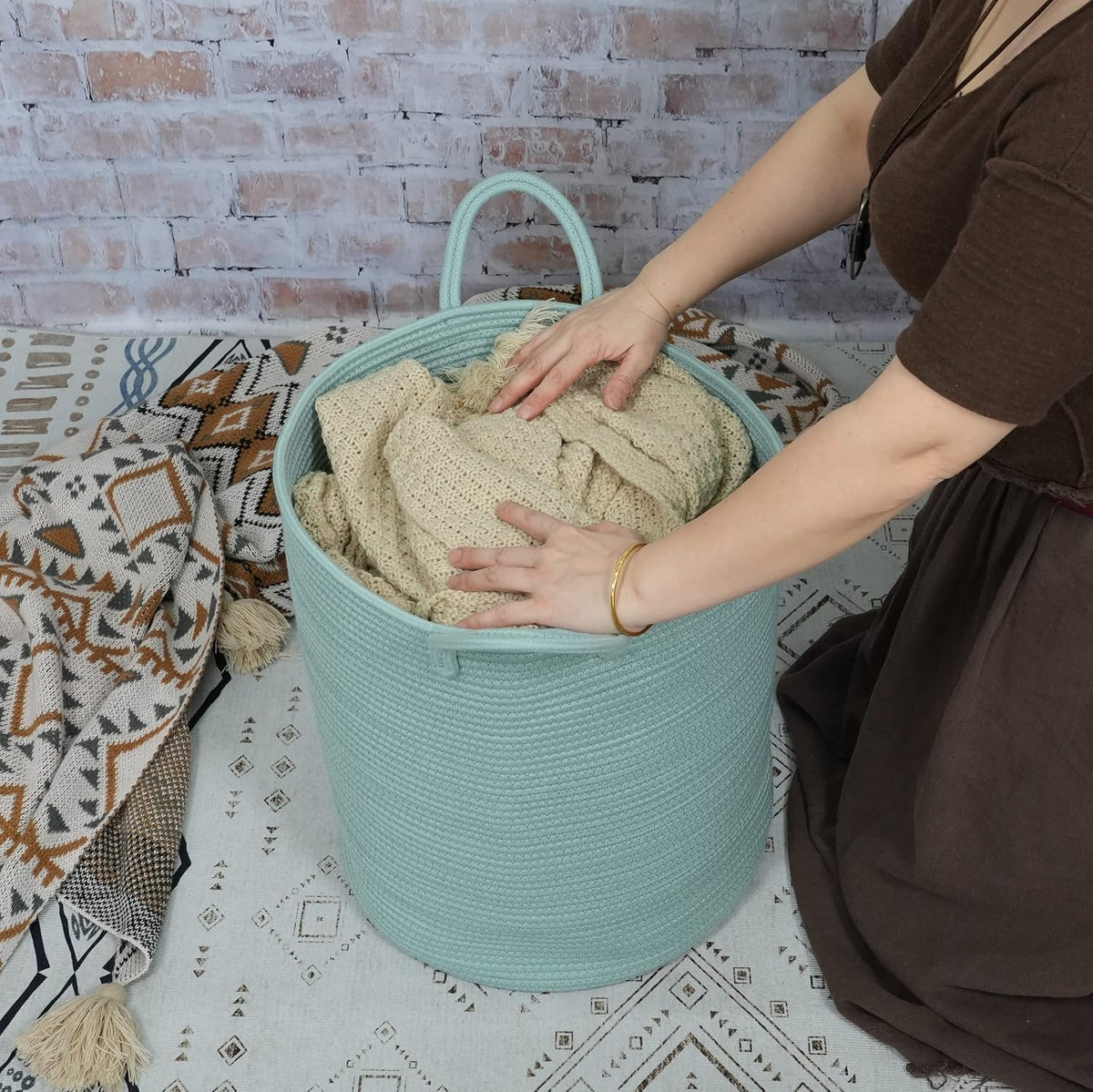 XUANGUO Cotton Rope Laundry Basket Hamper for Clothes Large Light Green