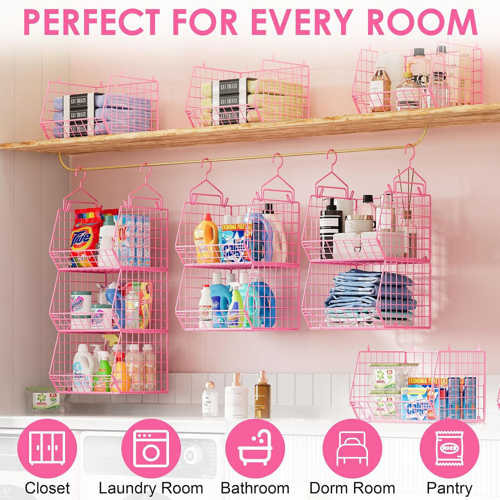 5 Tier Closet Hanging Organizer, Clothes Hanging Shelves with 4 Hanging Hooks 5 S Hooks, Wire Storage Basket Bins, for Clothing Sweaters Shoes Handbags Clutches Accessories Patent Design-Pink
