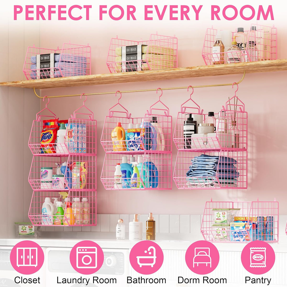 5 Tier Closet Hanging Organizer, Clothes Hanging Shelves with 4 Hanging Hooks 5 S Hooks, Wire Storage Basket Bins, for Clothing Sweaters Shoes Handbags Clutches Accessories Patent Design-Pink