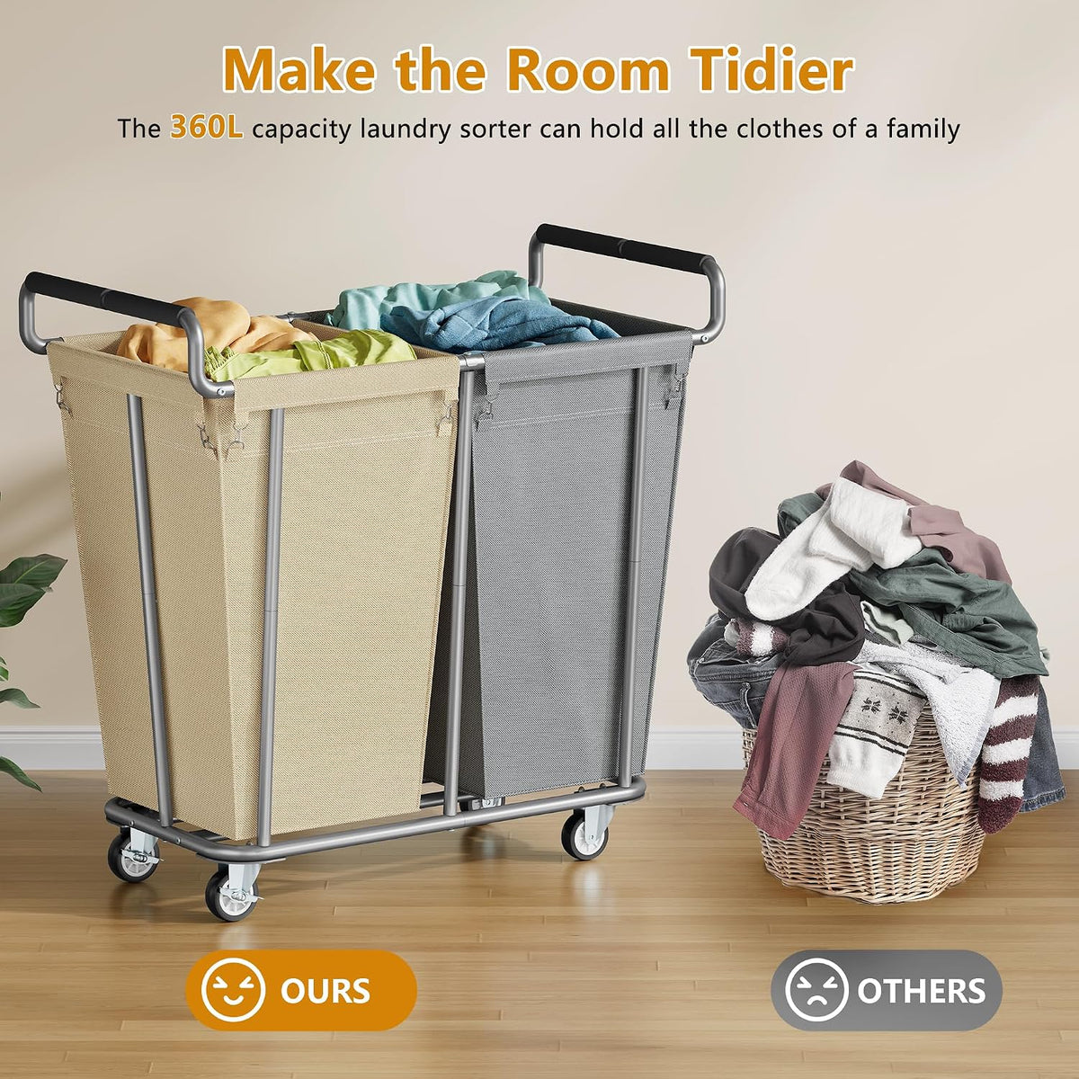 Gewudraw 2 Bag 360L Laundry Baskets with Wheels Heavy Duty