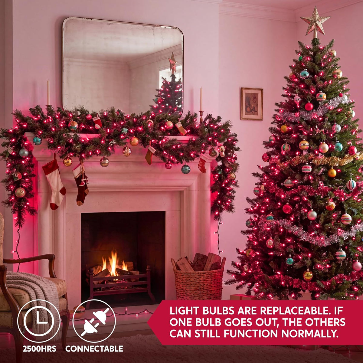 Joiedomi Pink Christmas String Lights,100 Count 21.4FT Fairy Tree Lights Plug in for Indoor Outdoor Xmas Valentines Decor Patio Holiday Theme Party Yard House,Green Wire