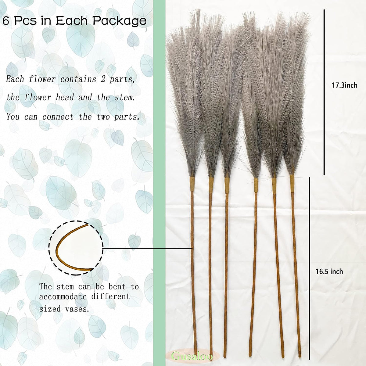 Artificial Faux Pampas Grass Large, 6Pcs 34" Fake Artificial Pampas Grass Decor Tall Fluffy Stems, Table Vase Filler Centerpiece for Living Room Kitchen Decor Boho Decor Wedding -Grey
