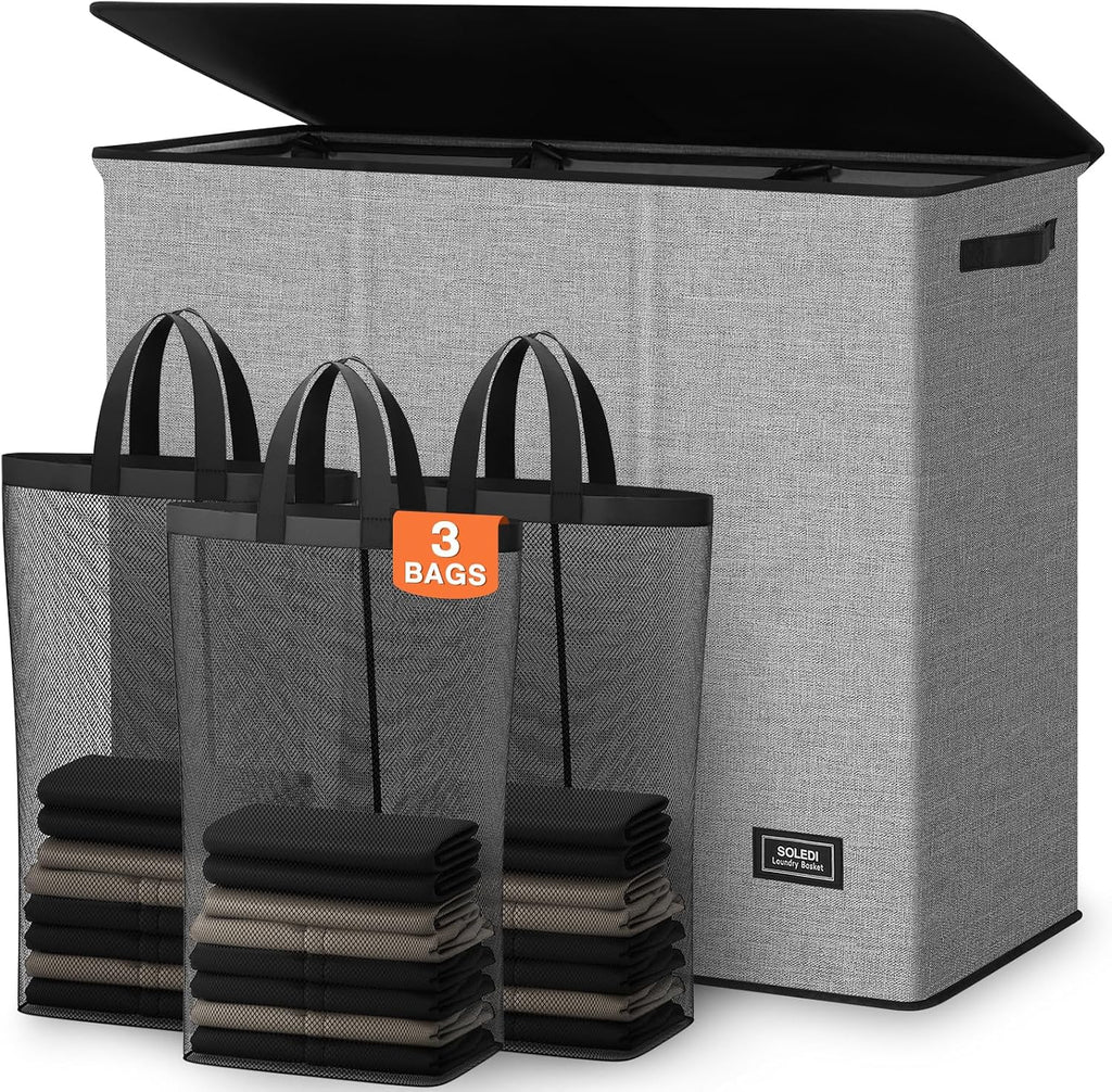 SOLEDI Large Laundry hamper 3 Section with Lid, 180L Laundry Basket, Grey