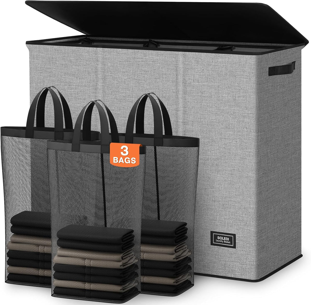 SOLEDI Large Laundry hamper 3 Section with Lid, 180L Laundry Basket, Grey
