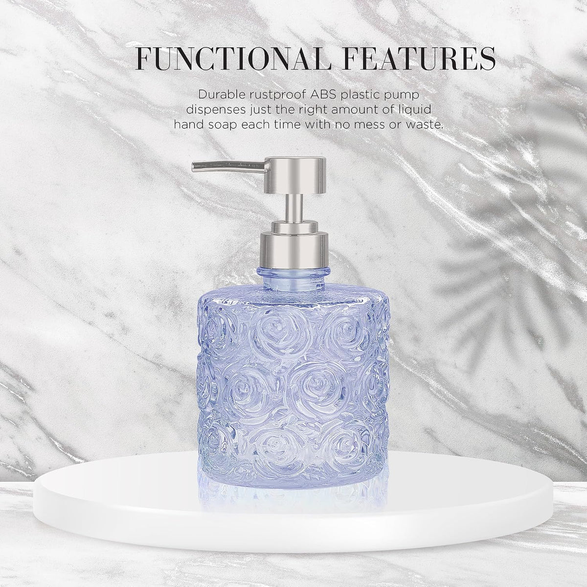 Marcella Glass Soap Dispenser with Soap Pump, Refillable 14 Ounce Capacity, Floral Design Rose Patterns, Heavy Weight Thick Glass for Bathroom, Premium Kitchen Soap Dispenser Cornflower Blue