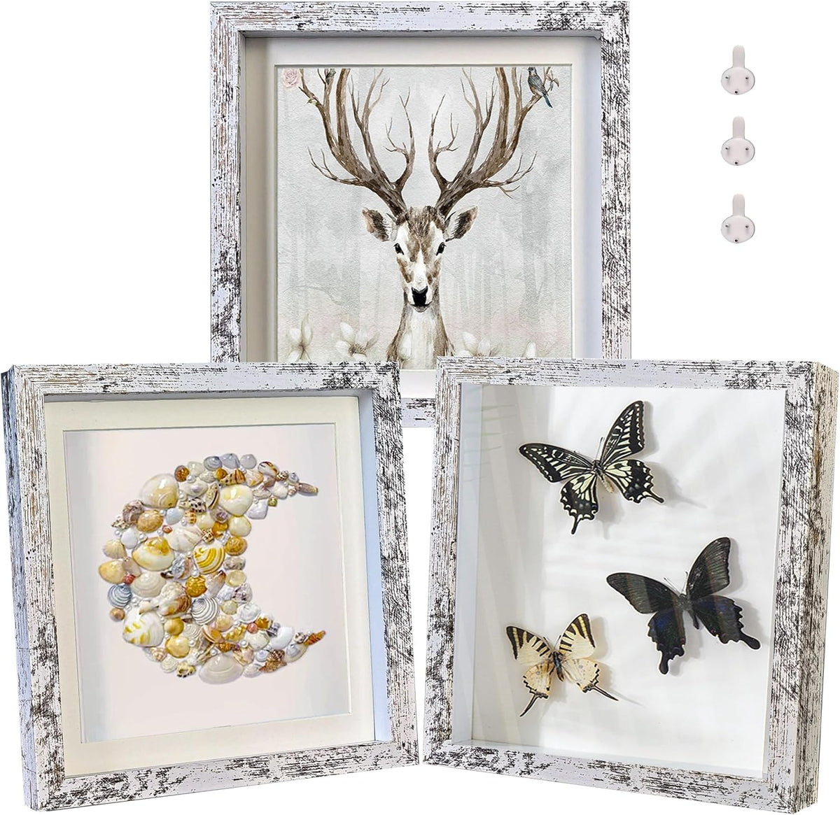 Rustic 8x8 Shadow Box Frame White Shadow Box Display Case Made of Solid Wood and Real Glass Internal Depth 0.6 inches for Wall Or Tabletop（3 Pack）