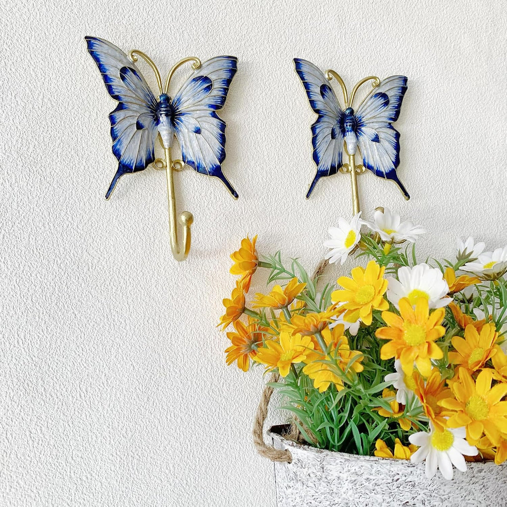 Vintage Butterfly-Shaped Decorative Wall Hooks, 2 Pack Hand-Painted Blue Butterfly Metal Wall Hook Rack Hangers for Hanging Coats, Clothes, Keys, Hats, and Towels
