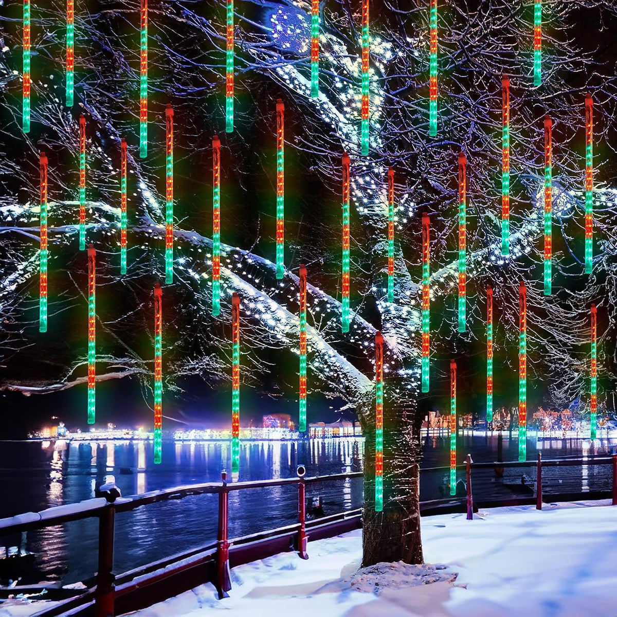 Dazzle Bright Red and Green Christmas Lights, 288 LED 11.8 Inch Meteor Shower Rain Lights with 8 Tubes, Waterproof Plug in Falling Rain Light Christmas Decorations for Xmas Bushes Tree Yard Party