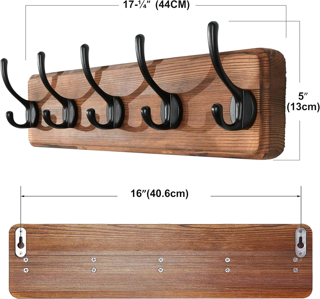 SKOLOO Rustic Coat Rack Wall Mount, 5 Hooks, 17 Inch, Solid Wood, Brown