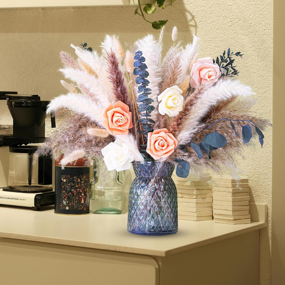 Dried Flower Bouquet | Pampas Grass Decor | Floral Arrangements for Home & Wedding | Boho, Rustic, and Modern Decorations (Without vase)