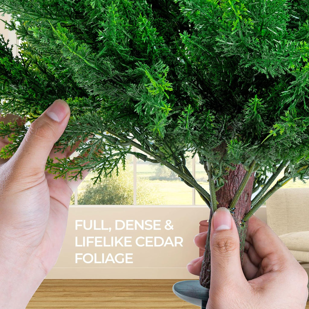 24.8" Artificial Cedar Topiary Tree 2ft (Set of 2) – Faux Cedar Trees for Outdoor Planters with Ground Spike, UV Resistant, Full & Realistic Evergreen Shrubs for Front Porch, Garden, Patio Decor