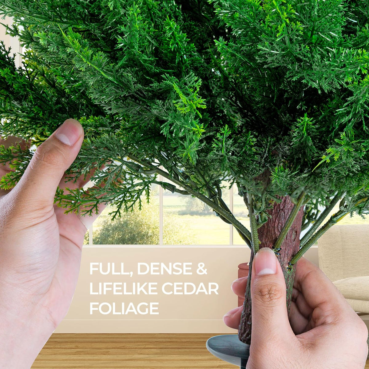 24.8" Artificial Cedar Topiary Tree 2ft (Set of 2) – Faux Cedar Trees for Outdoor Planters with Ground Spike, UV Resistant, Full & Realistic Evergreen Shrubs for Front Porch, Garden, Patio Decor