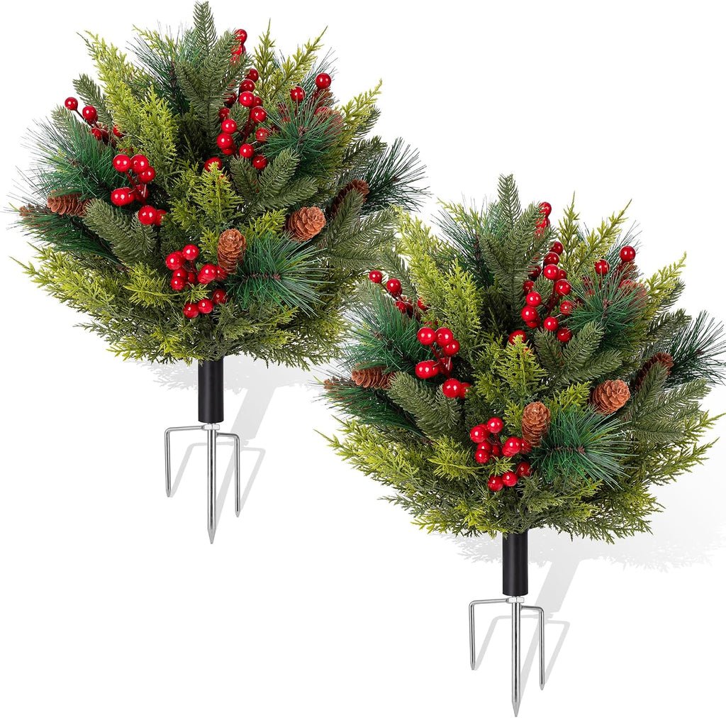 Artificial Christmas Cypress Topiary Shrubs, Faux Greenery Ball Bush for Christmas Indoor and Outdoor Decor,24.8" Fake Tree with Ground Spike,UV Resistant Plants for Front Porch, Patio Decor,Set of 2