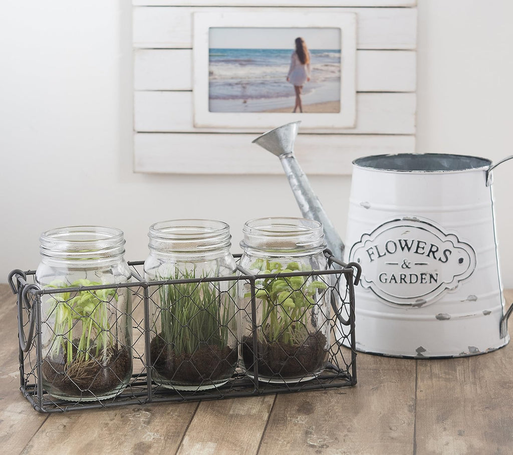 DII Farmhouse Utensil Caddy with 3 Glass Jars, Rustic Bronze Chicken Wire