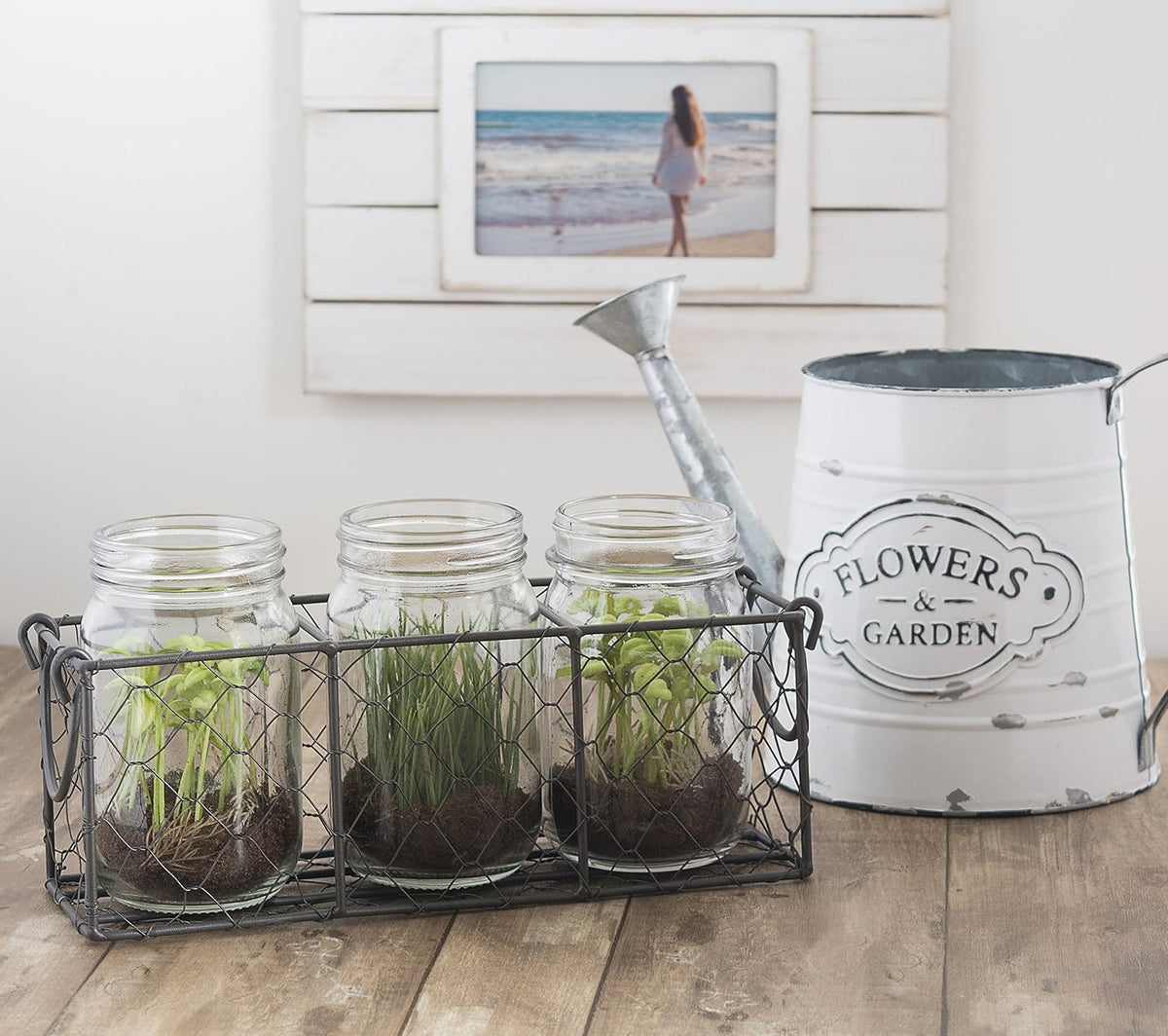 DII Farmhouse Utensil Caddy with 3 Glass Jars, Rustic Bronze Chicken Wire