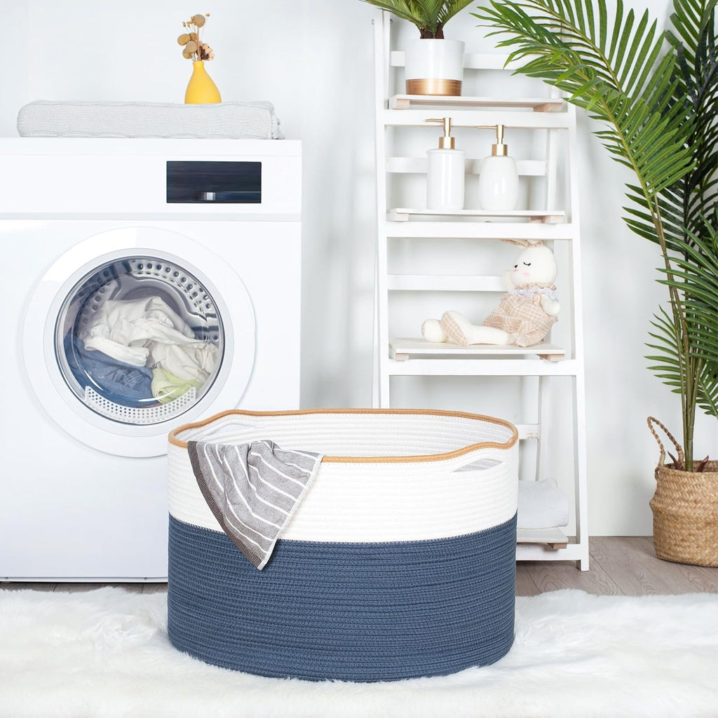 MINTWOOD Design Extra Large 22 x 14 Inches Decorative Woven Cotton Rope Blanket Storage Basket Bin Living Room and Laundry Hamper for Pillows, Pool Towels, Dog Toys, Shoes, Prussian Blue