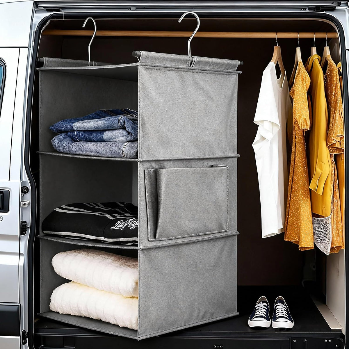 Hanging Closet Organizer, Foldable Shelves, Grey (3)
