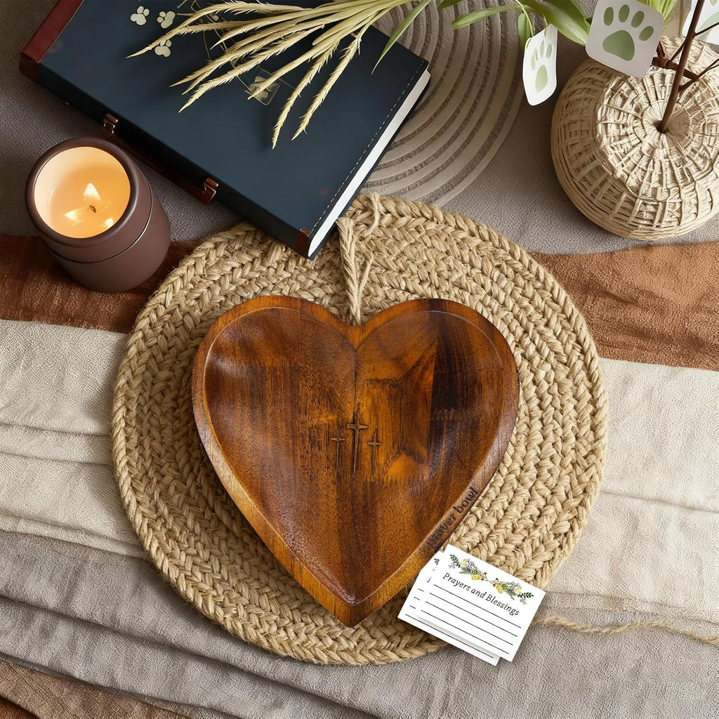 Wooden Prayer Bowl with 24 Cards, Heart Shaped Prayer Bowl