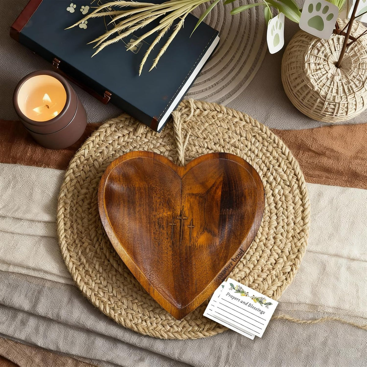 Wooden Prayer Bowl with 24 Cards, Heart Shaped Prayer Bowl