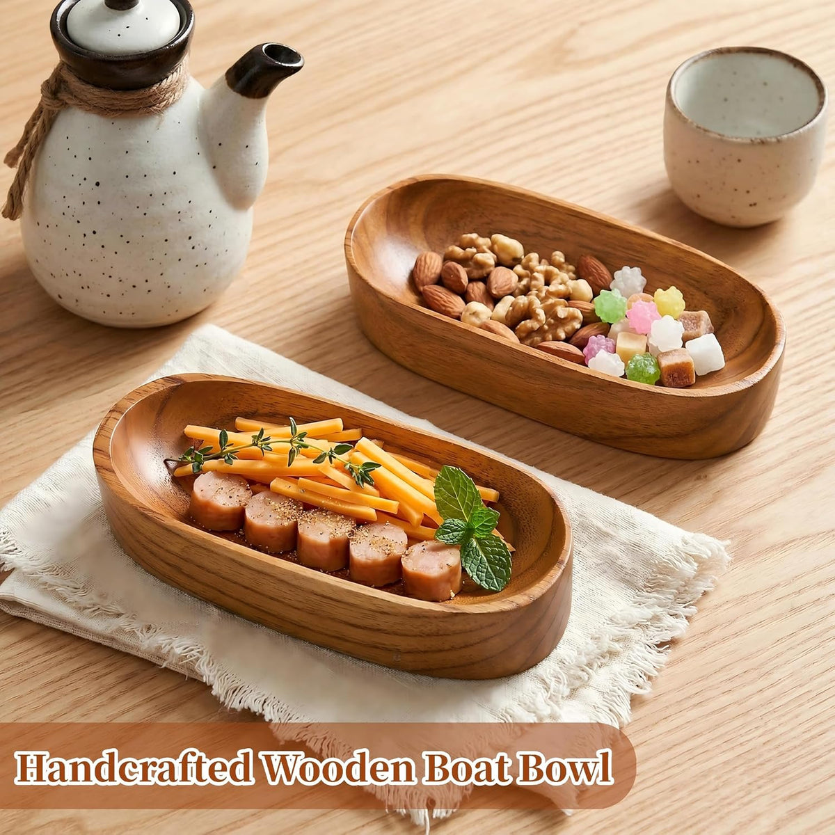 4 Pack Decorative Oval Wood Bowl, 7 Inch Long Handcrafted Wooden Boat Bowl, Small Entryway Catchall Tray Holder for Snack, Sauce, Jewelry, Ring, Key, Remote, Home Decor, Table Centerpiece