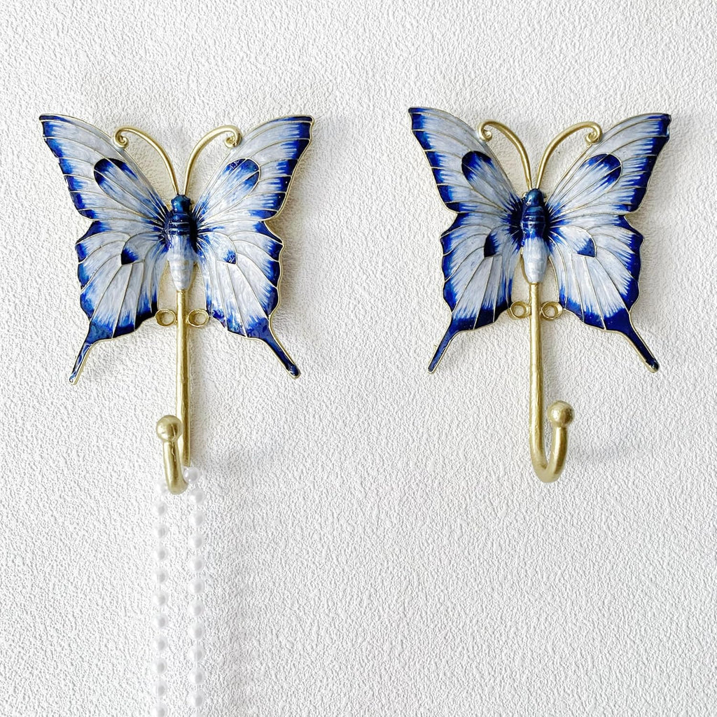 Vintage Butterfly-Shaped Decorative Wall Hooks, 2 Pack Hand-Painted Blue Butterfly Metal Wall Hook Rack Hangers for Hanging Coats, Clothes, Keys, Hats, and Towels