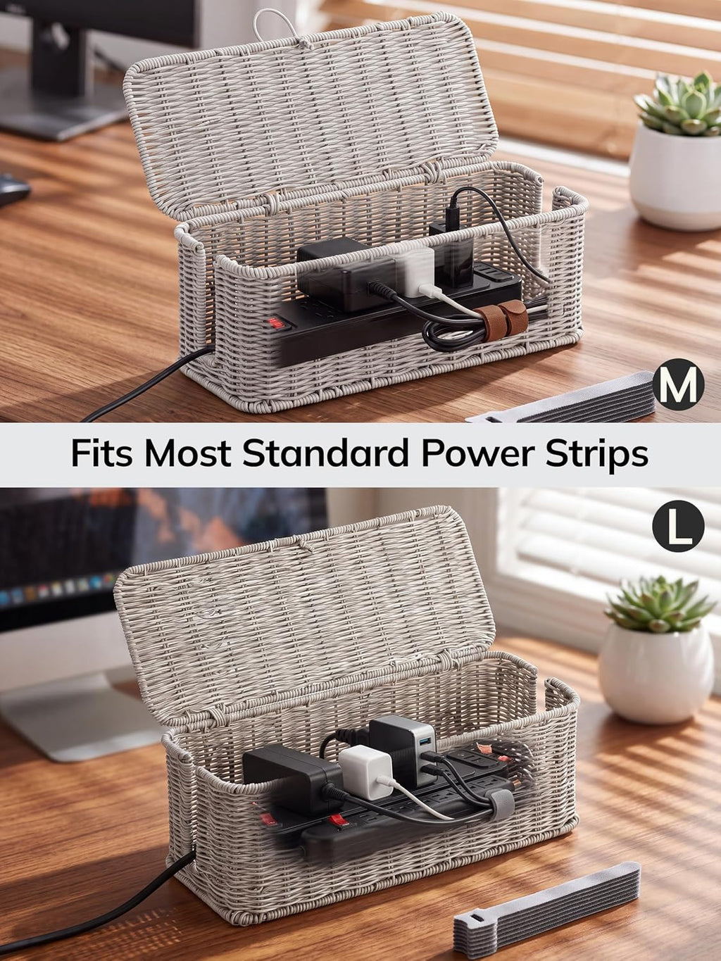 Cable Management Box, Cord Organizer with Lid & Cable Ties - Gray, L