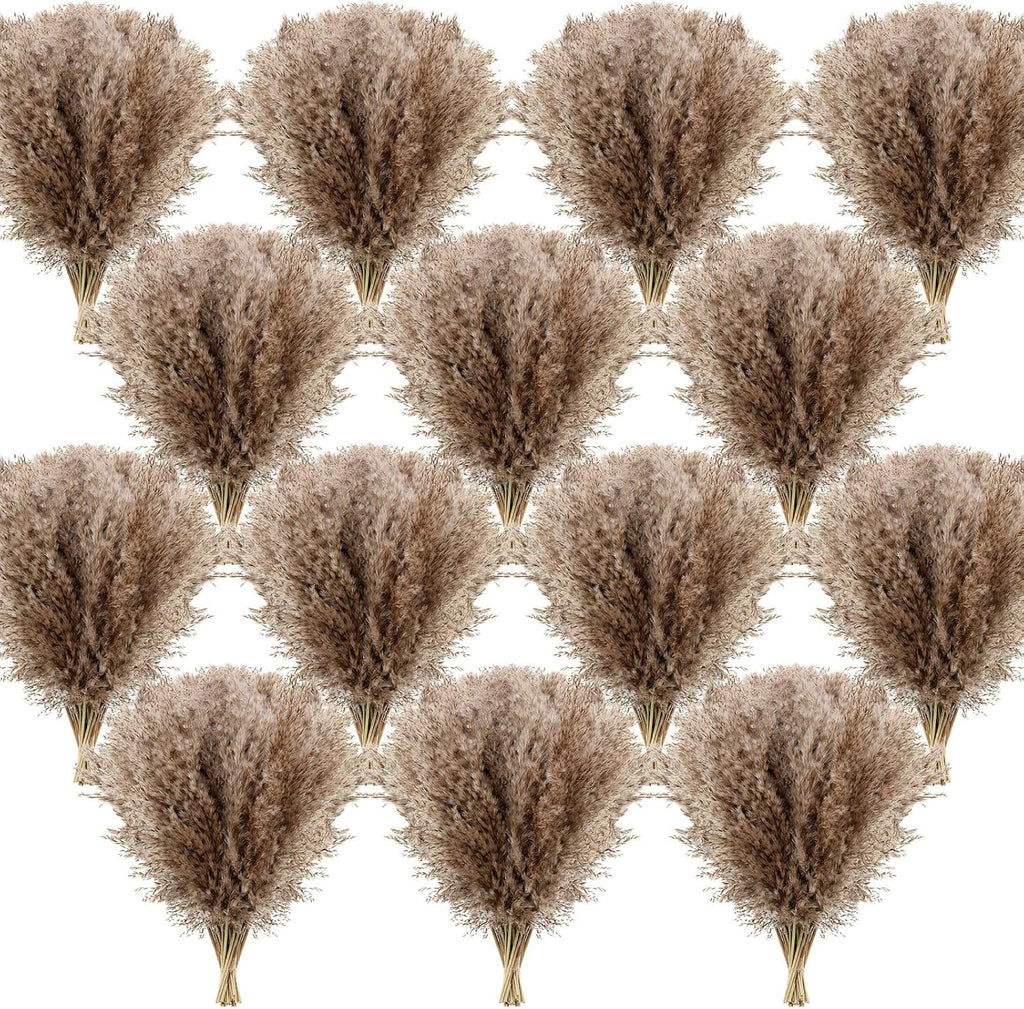 Janinka 300 Pcs Dried Fluffy Pampas Grass Bulk 17 Inch, Boho Decor, Brown