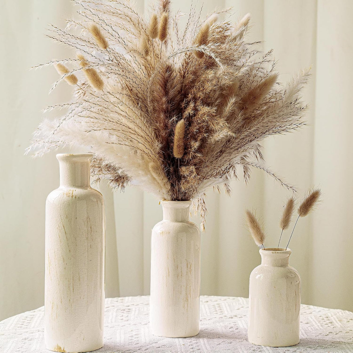 Pampas Grass with Vase Set – 3 Beige White Ceramic Vases with Natural Dried Pampas, Bunny Tails & More – Neutral Farmhouse Decor for Fireplace, Home, Mantel, Entryway, Kitchen & Boho Table Centerpiece