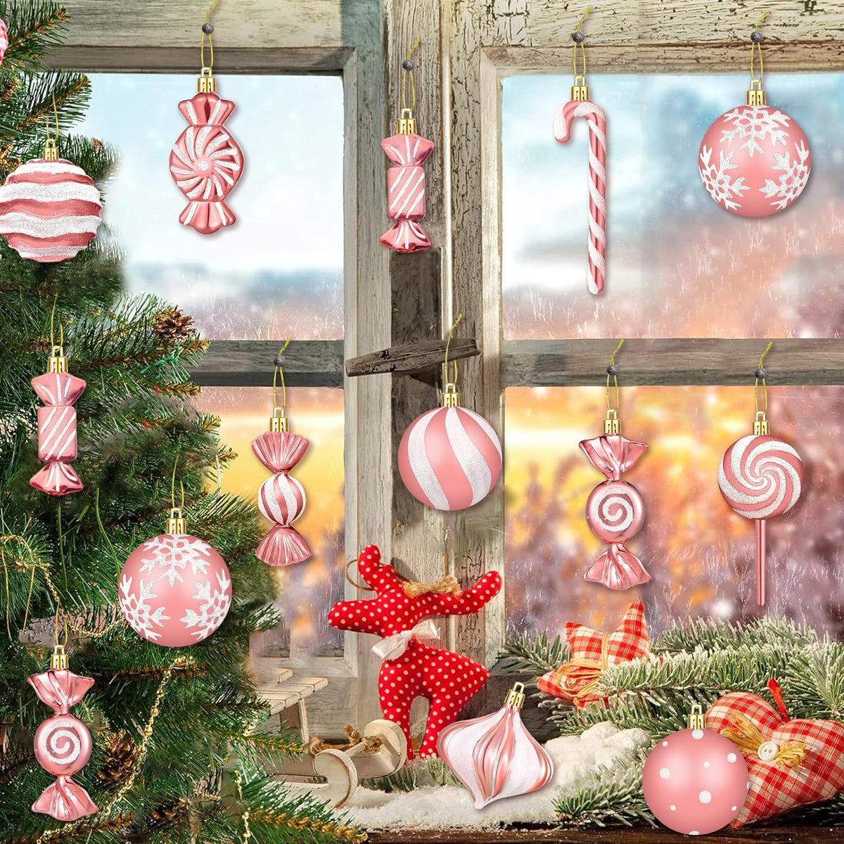 48Pcs Christmas Ornaments Candy Lollipop Set Rose Gold for Xmas Tree Decor