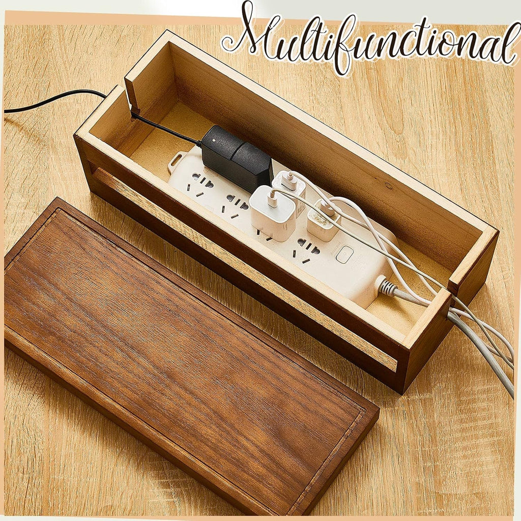 Hoteam 48 Pcs Wooden Cable Management Box Cable Organizer Box Set Power Strip Holder Cord Hider Clip Adhesive Management Ties Cord Sleeves for Desktop Home Office(Brown,Large)