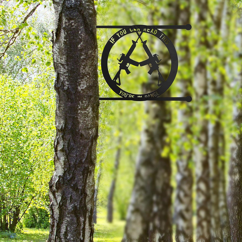 Metal No Trespassing Sign "You're In Range" Gun Metal Door, Wall or Tree Hanger Sign Decoration by GUTE - Wall Art - Outdoor/Indoor Monogram (12.5" Tall, 17.3" Wide, Black) - Hanger, Gun Owners (You're in Range)