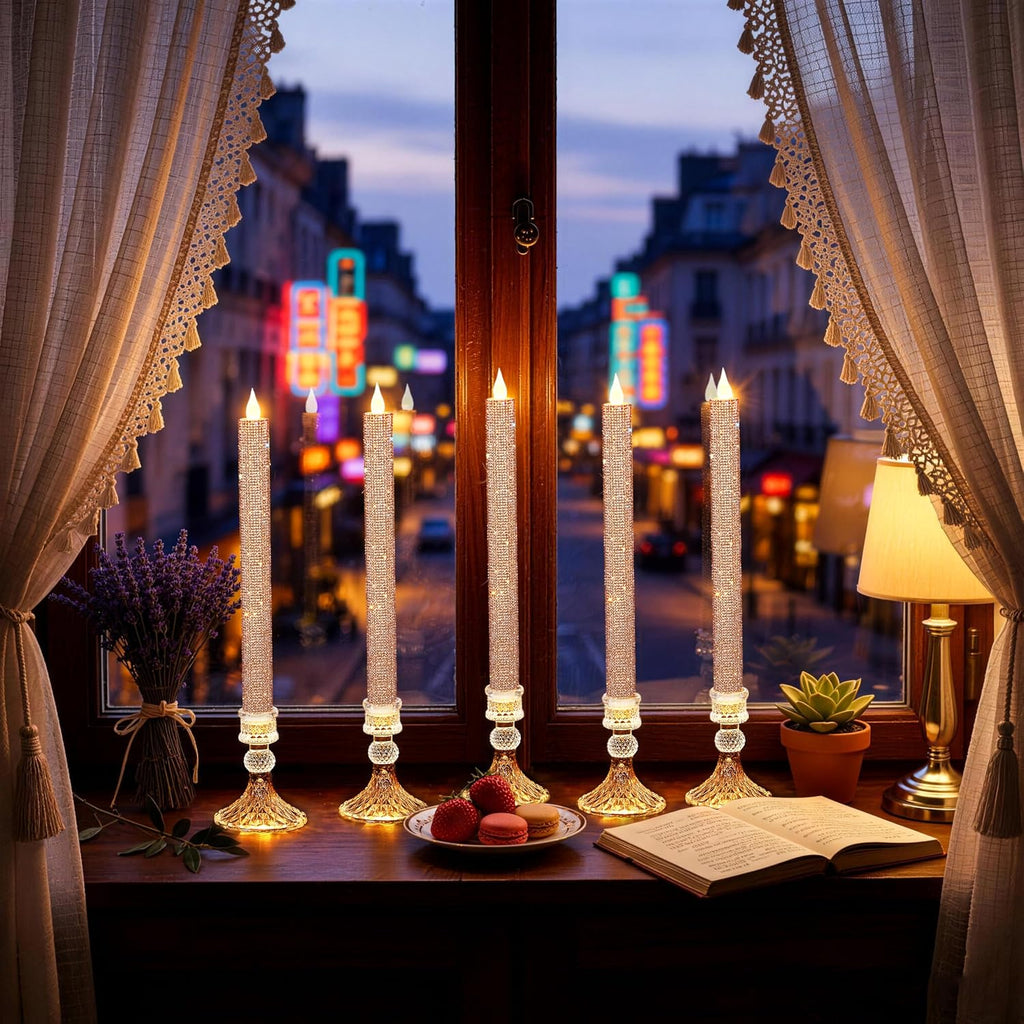 LED Flameless Taper Candles with Illuminated Holder - Glass Candle Holder