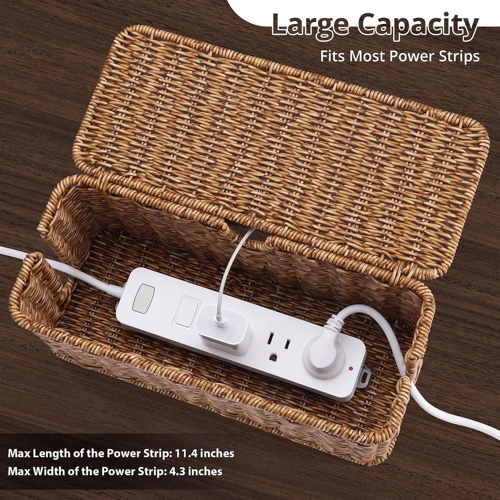 ZhiYo Rattan Cable Management Box, Speckled Brown, 12.5" x 5" x 5.2"