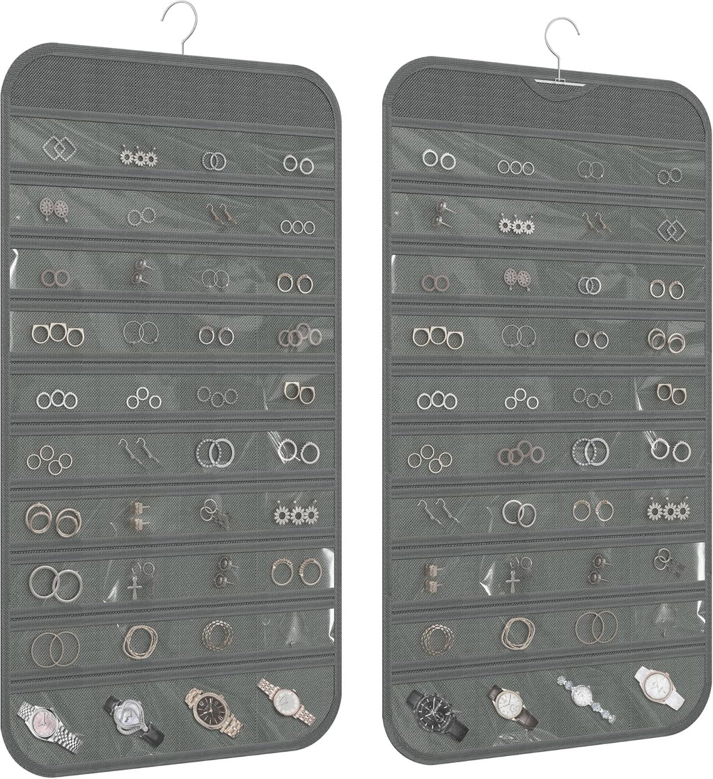 Hanging Jewelry Organizer 80-Pocket Double-Sided Storage, 2-Pack, Gray